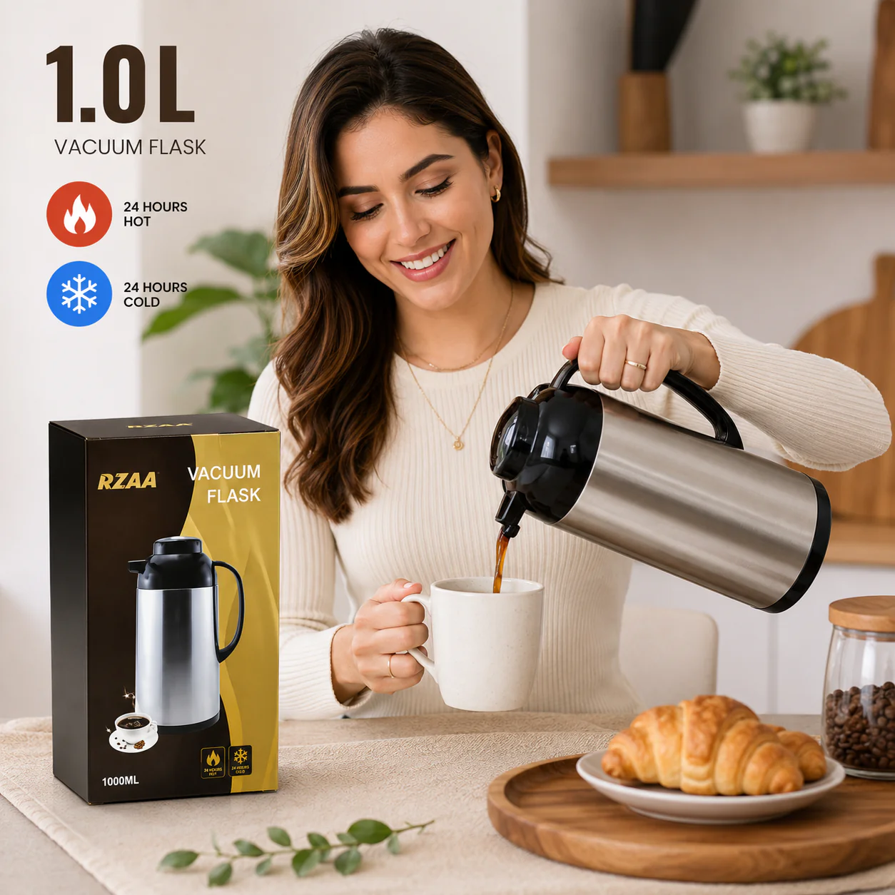 Termo de Acero Inoxidable 1.0L | Conserva Bebidas Calientes y Frías hasta por 24 Horas 2855C