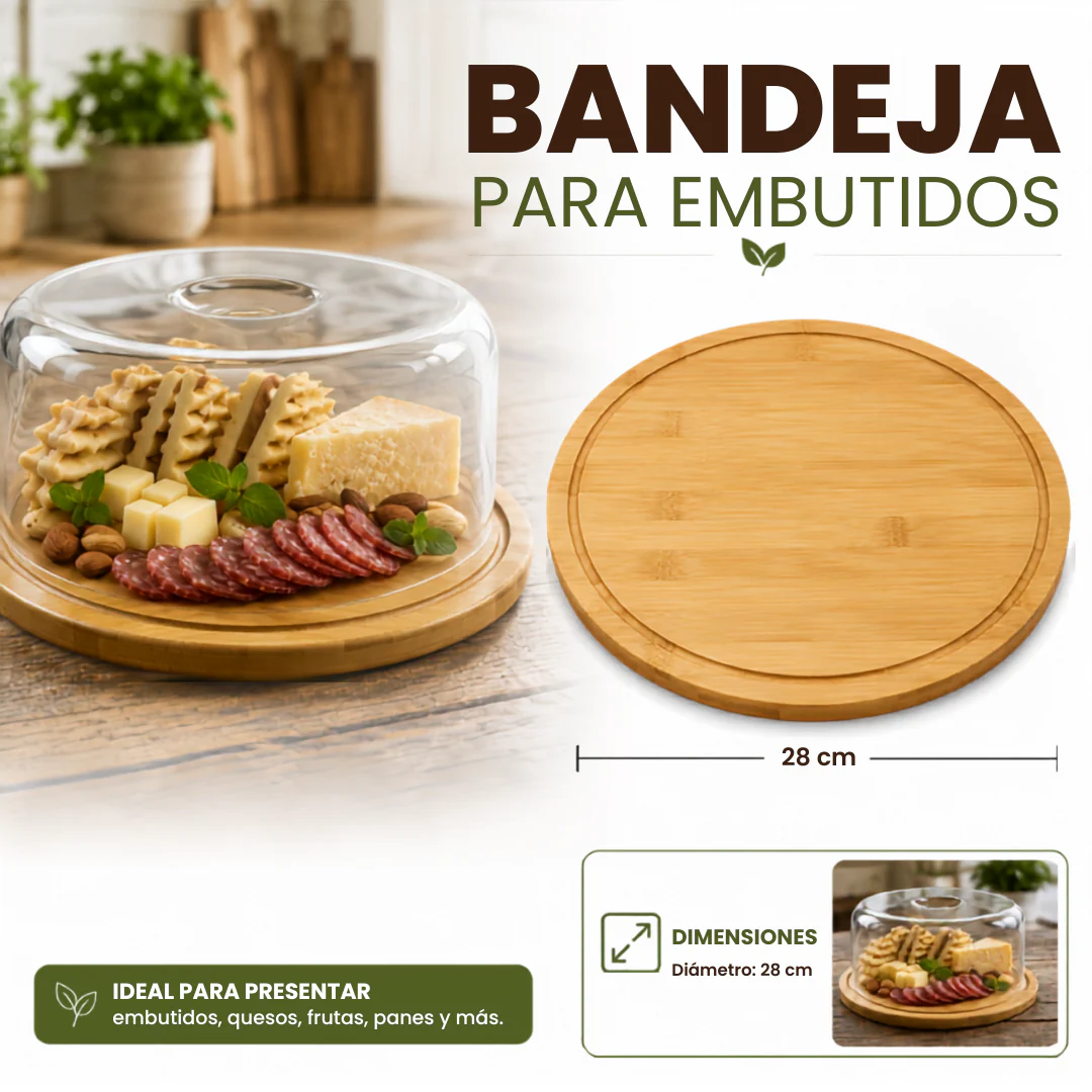 Bandeja para Embutidos de Bambú28 cm | Tabla para Quesos, Frutas y Aperitivos 89586-1 *NO INCLUYE TAPA*