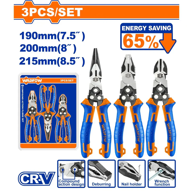 Alicates De Acción Compuesta. Ahorran 65% De La Fuerza. Acabado Pulido. Ergonómico. SET 3 Pzas. Pinzas. WPS0403