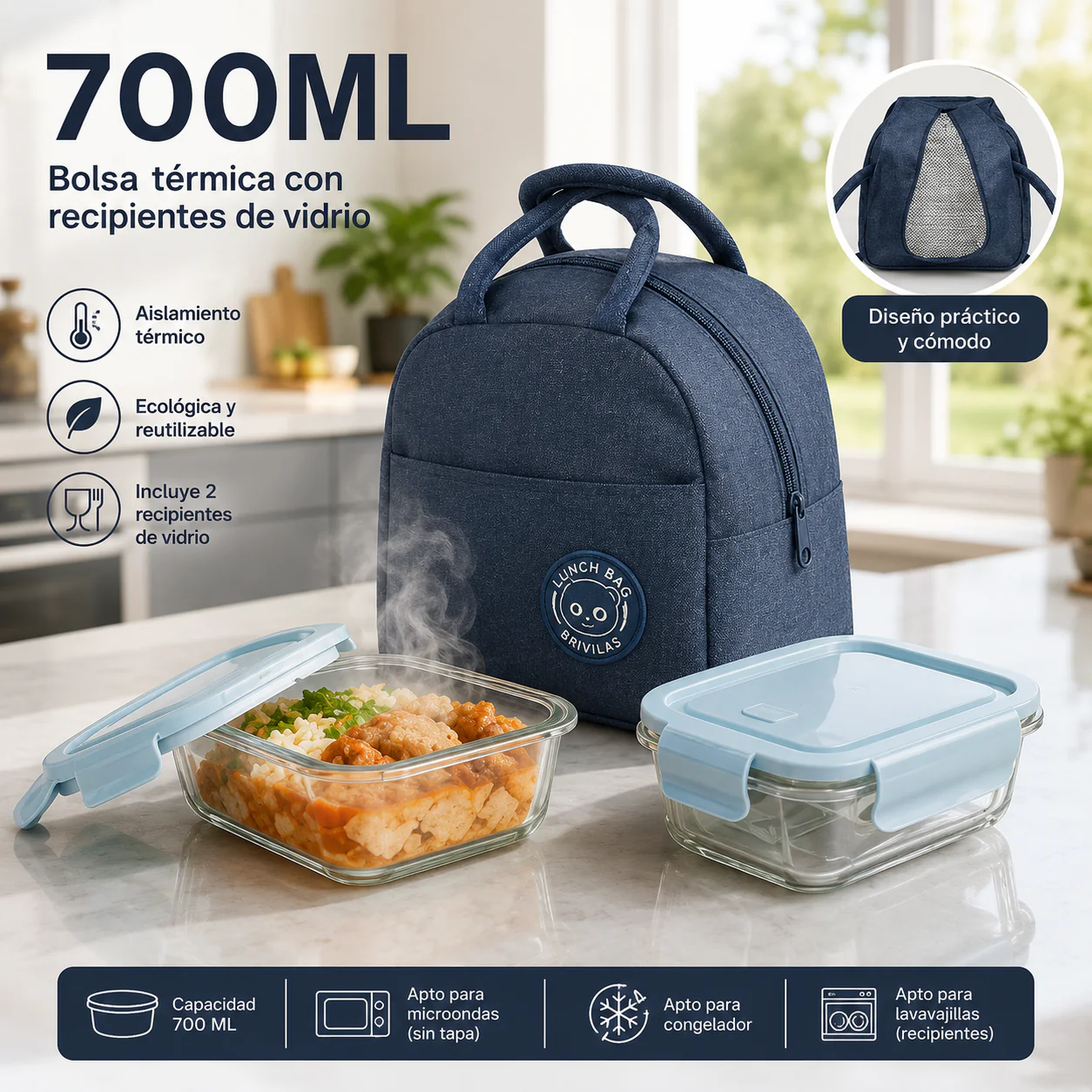 Lonchera Térmica con 2 Envases de Vidrio de 700 ml | Bolsa Porta Alimentos Reutilizable B025-2