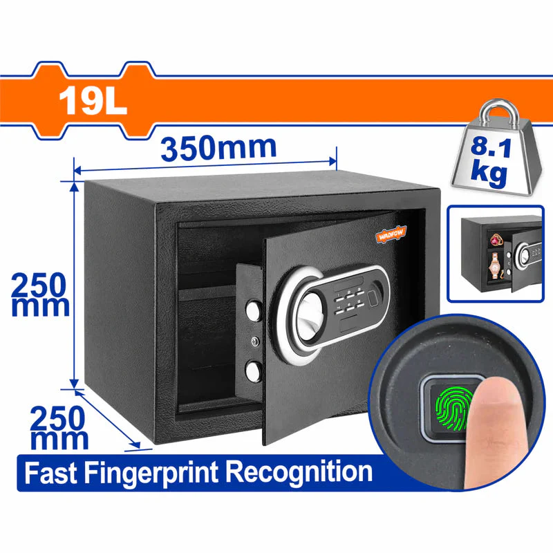 Caja Fuerte De Seguridad 19 L. 250 X 350 X 250 Mm. Registra 3 A 8 Dígitos. Con Reconocimiento De Huella Digital. Se Puede Fijar A La Pared O Al Suelo. Caja De Seguridad. Wadfow WEB3525