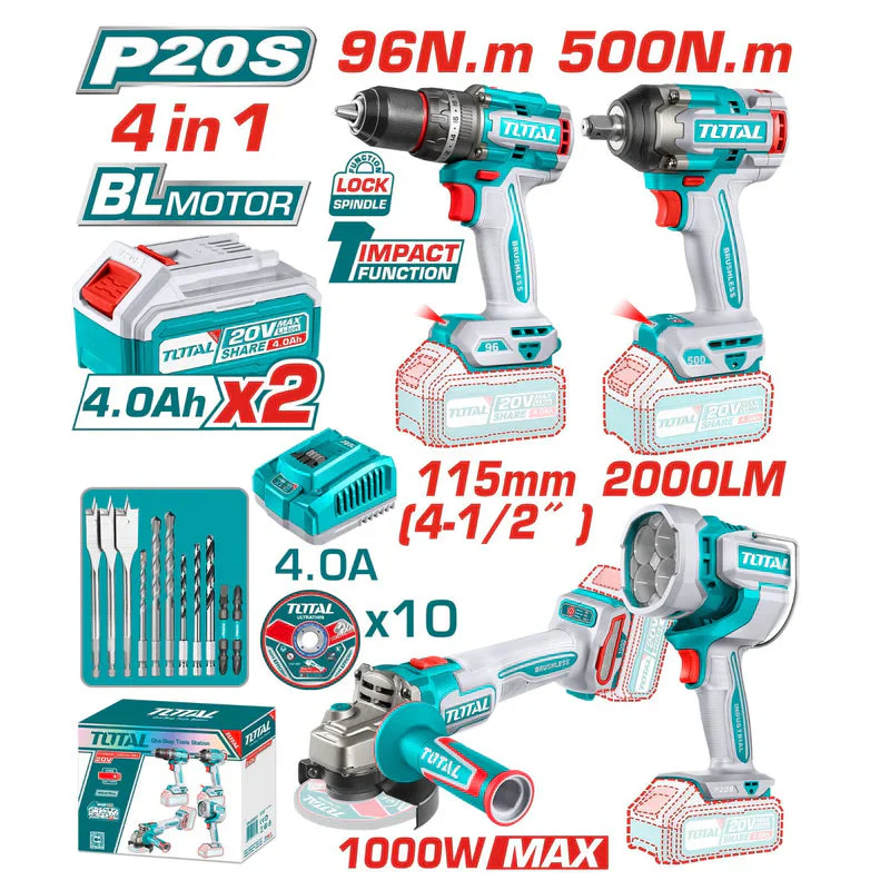Combo Del Mes Total Taladro Impacto 20V Sin Escobillas 96 Nm Llave De Impacto 1/2" 500 Nm Esmeriladora Angular 1000W Lámpara De Trabajo 2000Lm. Batería Y Cargador. POCAS UNIDADES. Total UTOSLI241292