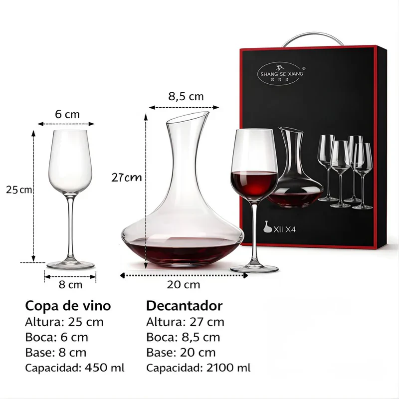 Copas De Cristal Con Decantador. Set Completo De Vino Con 4 Copas De 450 Ml Y Un Decantador 2100 Ml. LT458 - Image 3