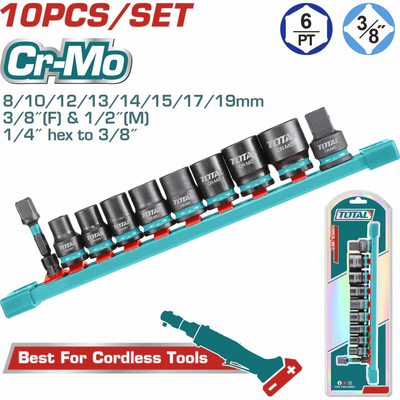Dados Socket De Impacto 3/8" 8-14Mm. Cr-Mo. Tratamiento Térmico. Set De 10 Piezas. Total THTISD38104