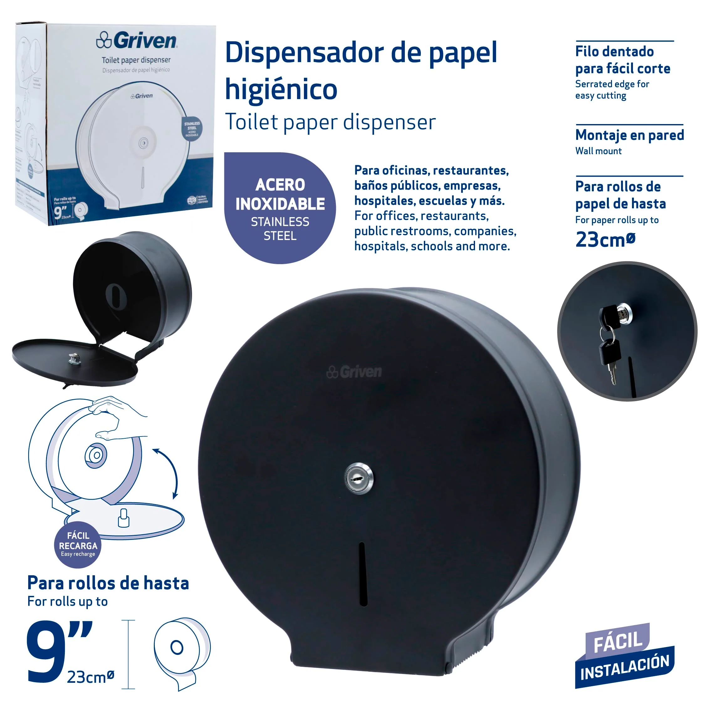 Dispensador de Papel Higiénico de Acero Inoxidable Negro 9" Griven GV-TOB-BS