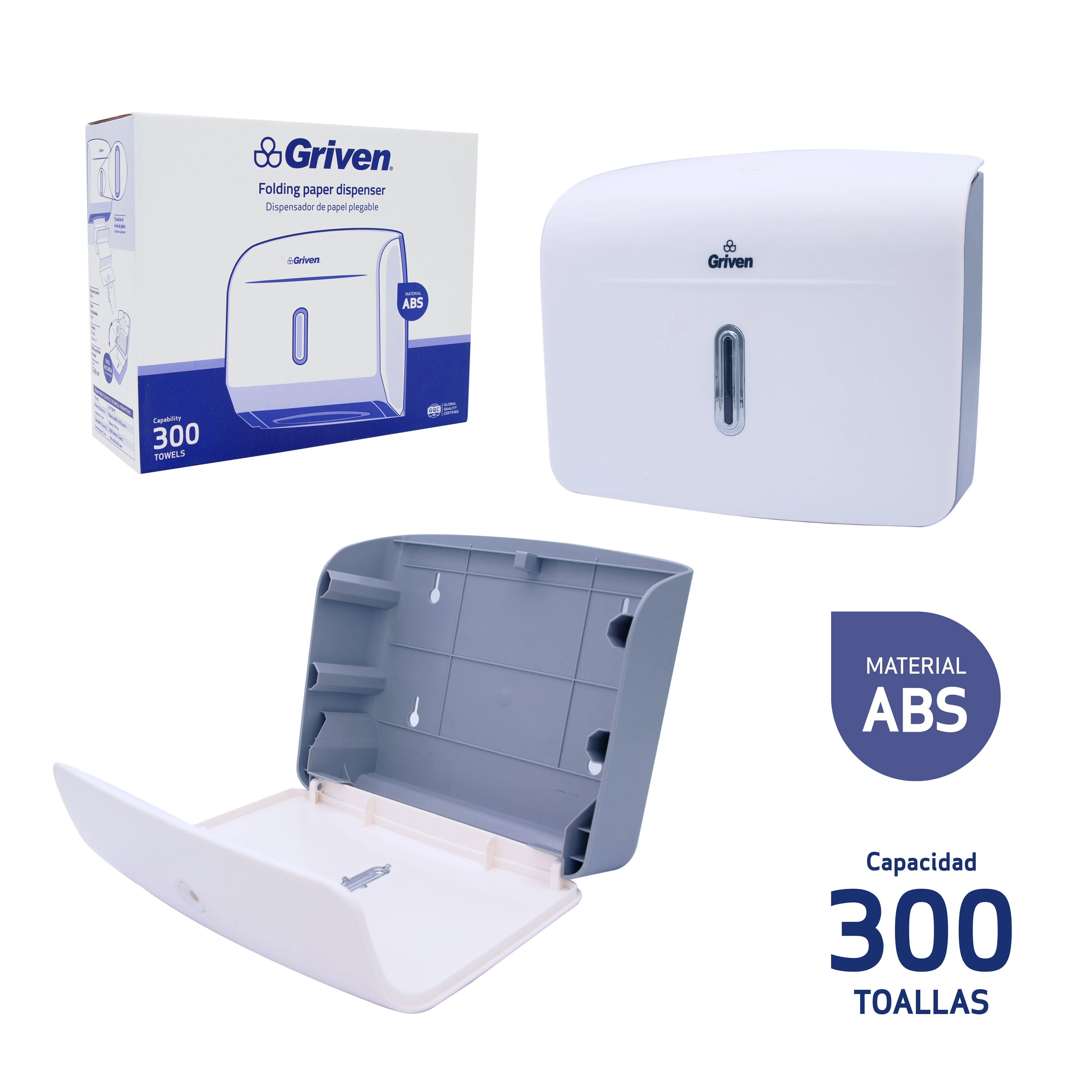 Dispensador de Papel Toalla Plegable 300 Toallas Plástico Blanco Griven GV-TIB-PC