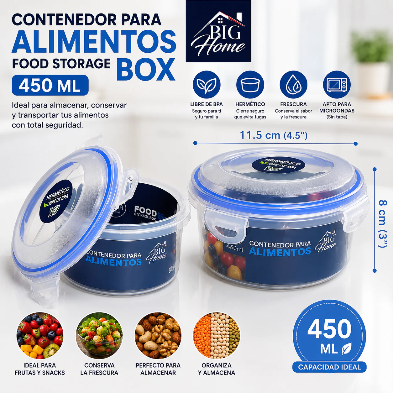 Envase Recipiente Plástico para Comida Alimentos 450ml BG-521-103