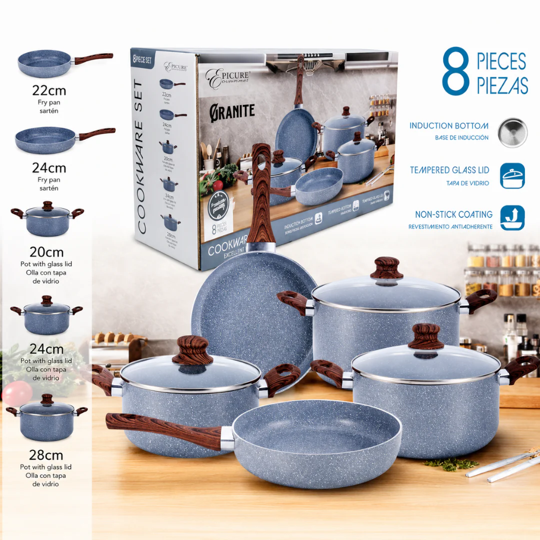 Juego de Ollas y Sartenes de Aluminio Antiadherente 8 Piezas | Cocina de Inducción con Tapas de Vidrio EP-8PCS-043