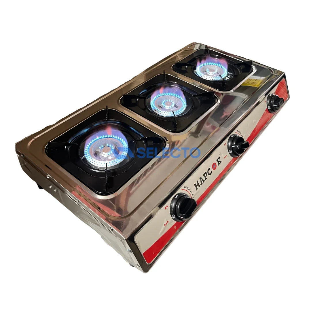 Estufa de Acero Inoxidable de 3 Quemadores de Hierro Fundido a Gas Hapcok