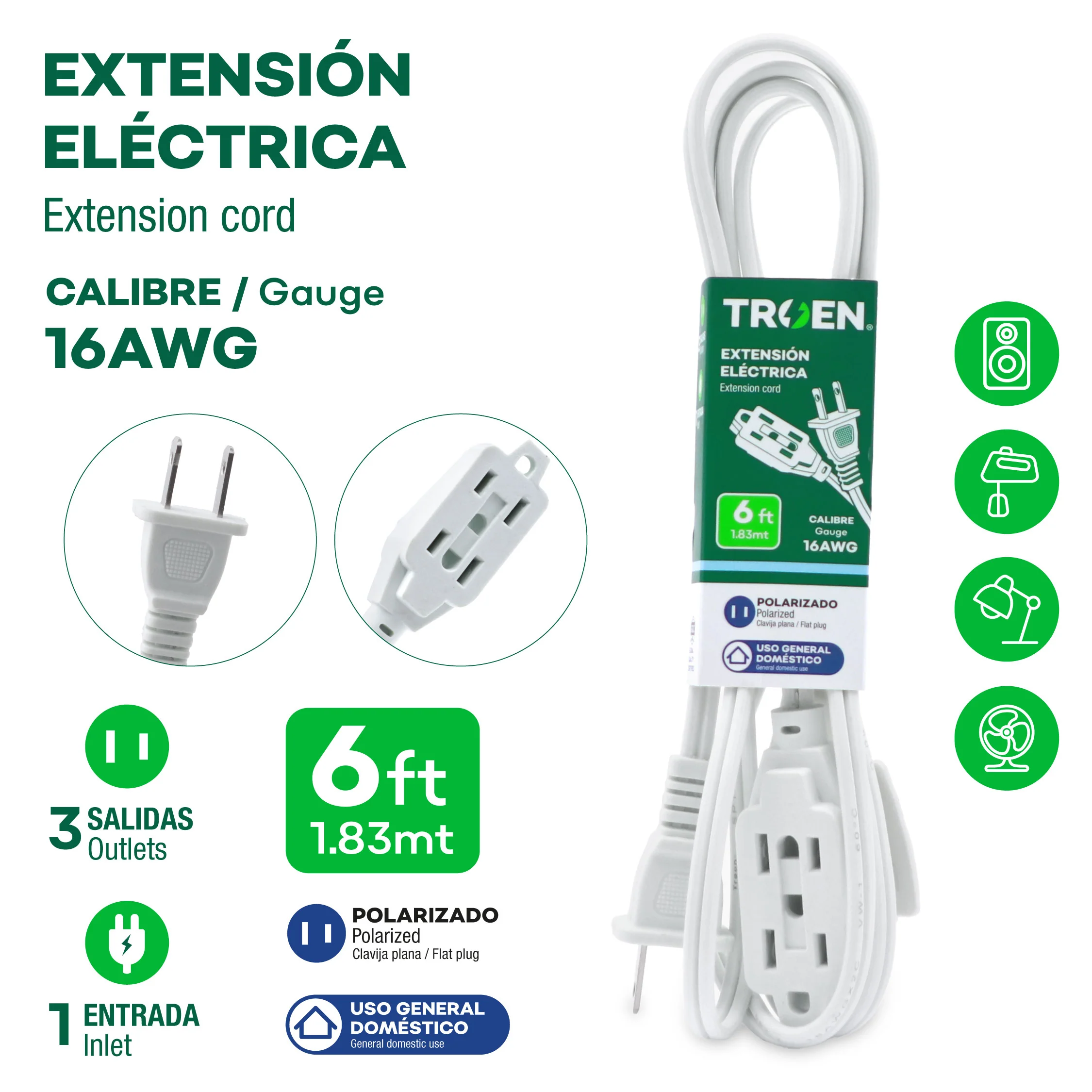 Extensión Eléctrica 6 Pies Blanco TROEN 7A136-F0601-6FT