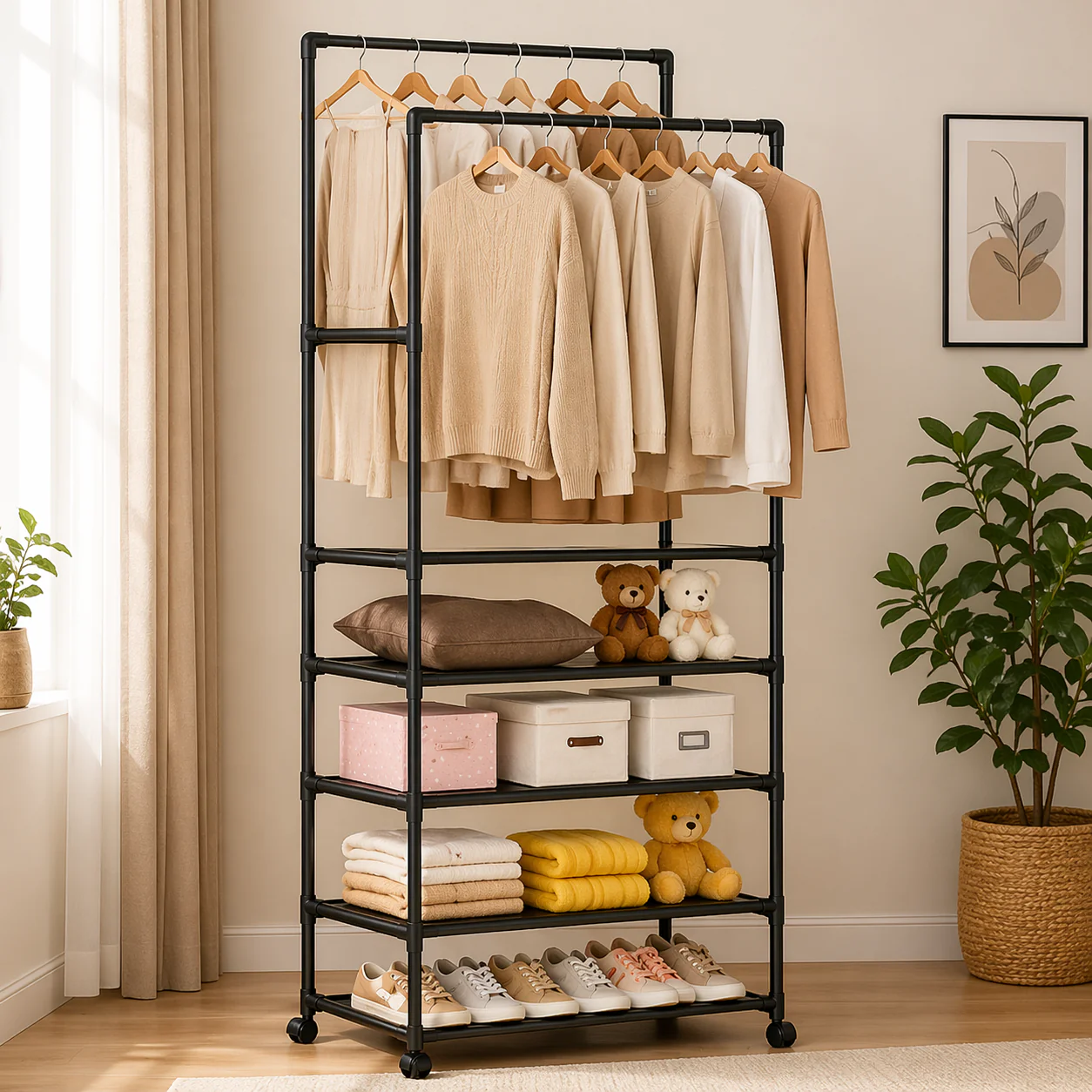 Perchero Tendedero de Ropa Multifuncional Moderno Negro con Rueditas 185x56x30cm FSK10949