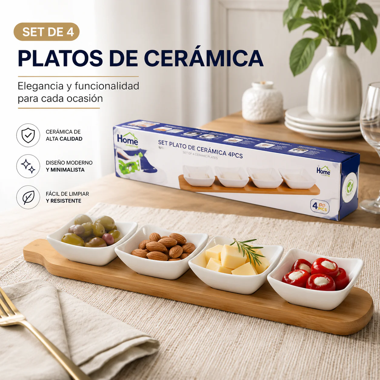 Set de 4 Platos de Cerámica para Aperitivos | Bandejas para Snacks, Entradas y Salsas con Base de Bambú Ramekin.FSK11104