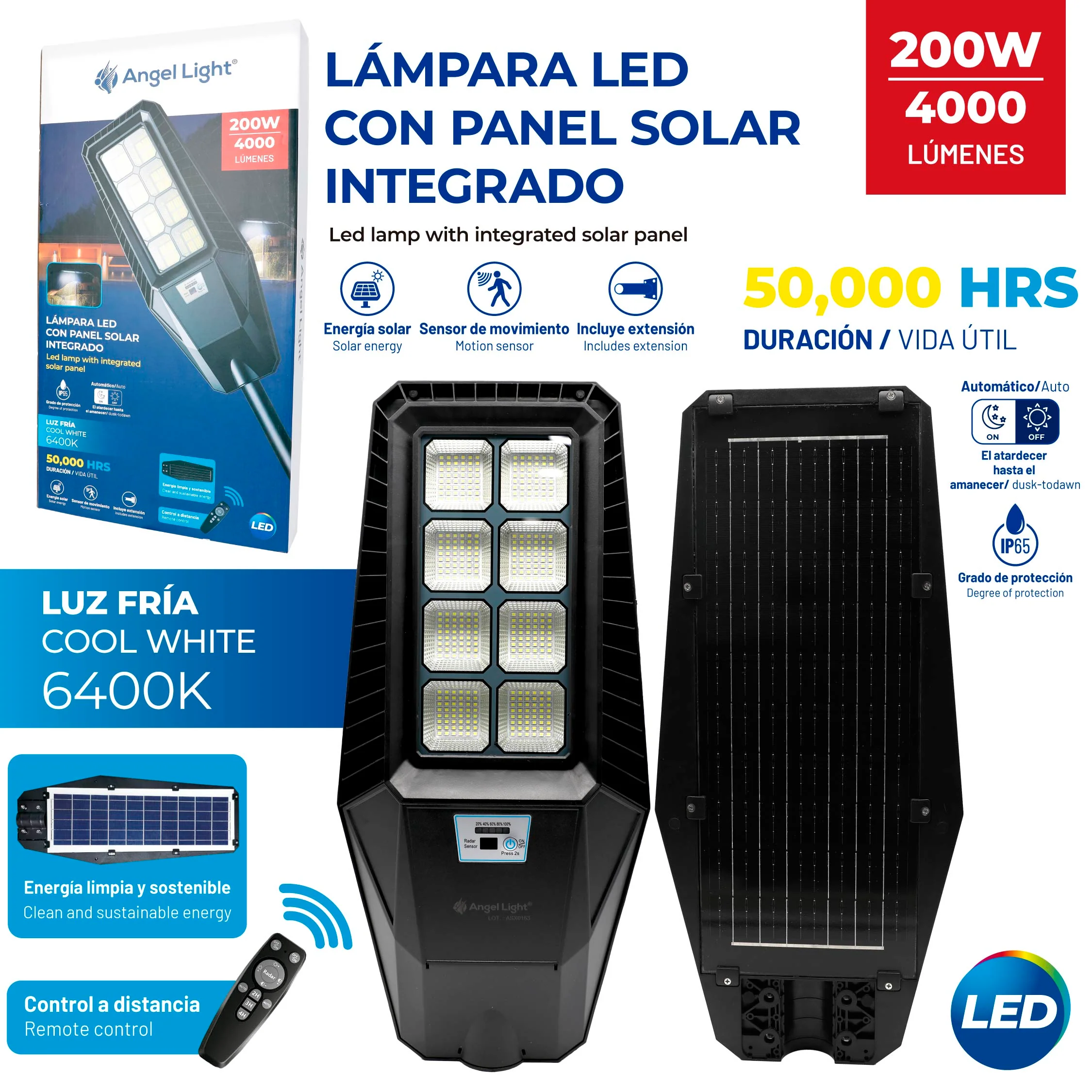 Lámpara LED Solar Angel Light 200W con Panel Solar Integrado, Sensor de Movimiento y Control Remoto A105-GSD-200W - Image 2