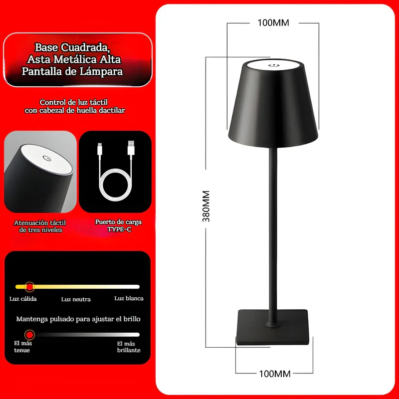 Lámpara LED De Mesa Portátil E Inalámbrica. Diseño Moderno Con Base Cuadrada. 3 Tonos De Luz. Control Táctil Con Atenuación Continua. Color Negro. Usado En Restaurantes LT262 - Image 3