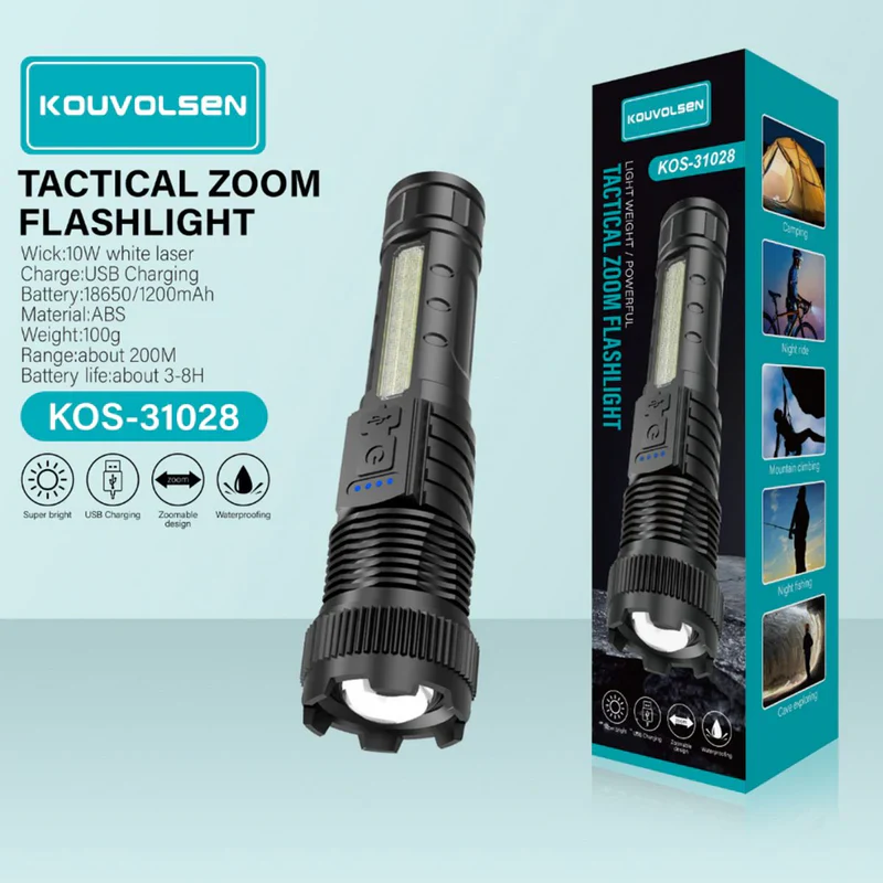 Linterna LED Recargable De Alta Potencia 10W. Luz Blanca Con Zoom Ajustable. Alcance Hasta 200 Metros. Resistente Al Agua. KOS-31028