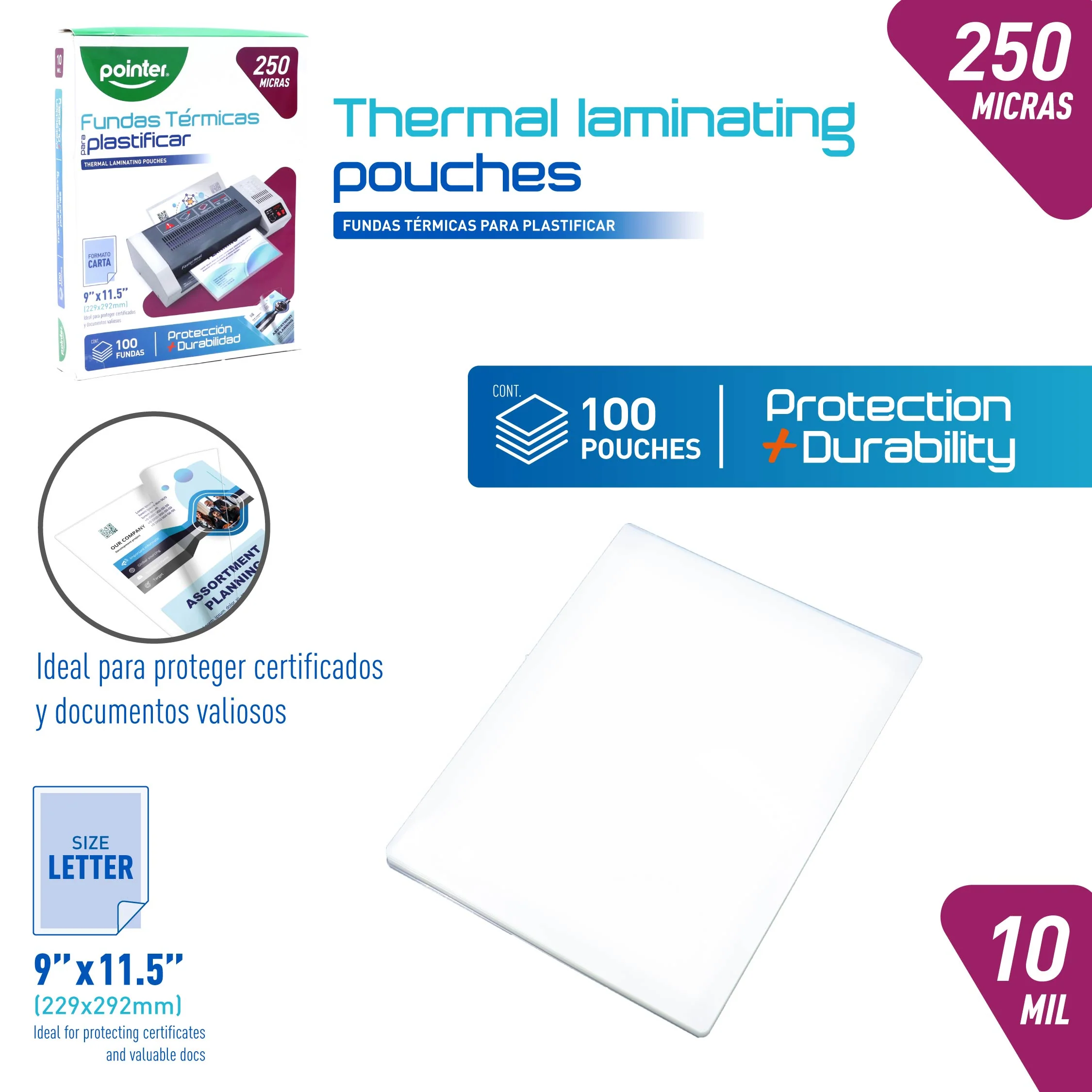 Fundas Térmicas para Plastificar Carta 9" x 11.5" Pointer | 250 Micras | Paquete de 100 Pointer YL-229292-4