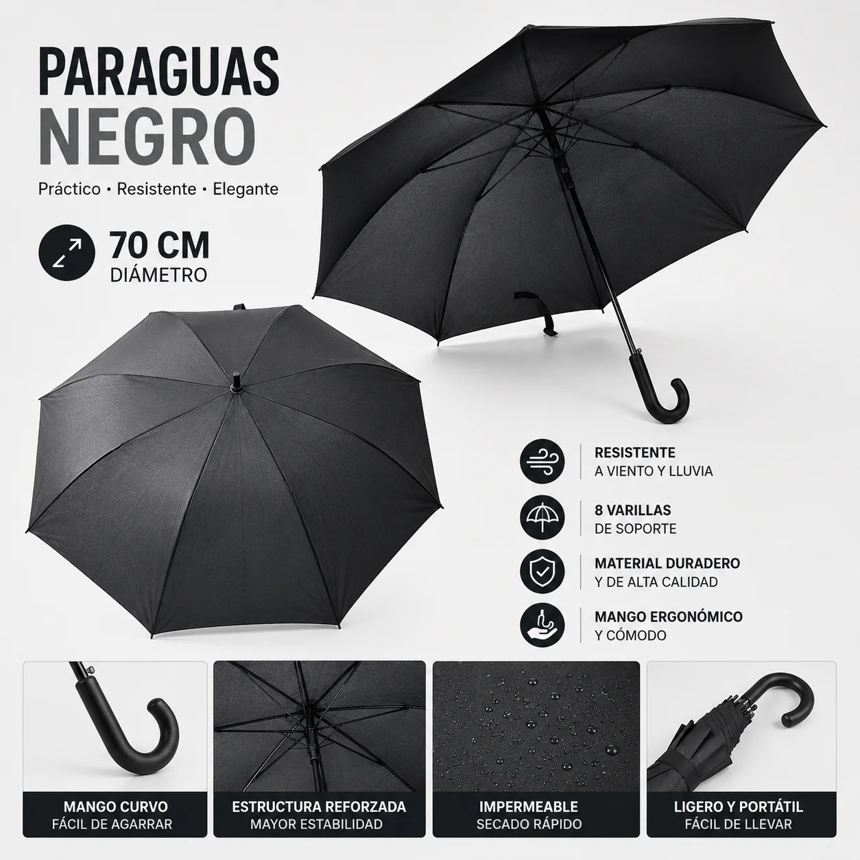 Paraguas Negro de 70 cm | Resistente al Agua con Apertura Manual y Mango Curvo 84734