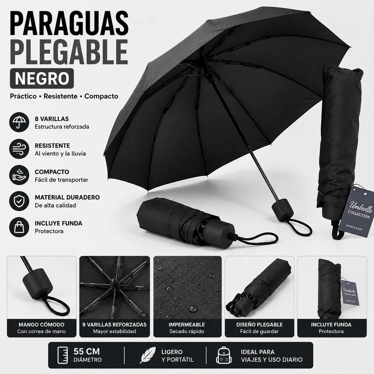 Paraguas Plegable de Bolsa Negro de 55 cm | 8 Varillas Resistente al Agua y Compacto 81850