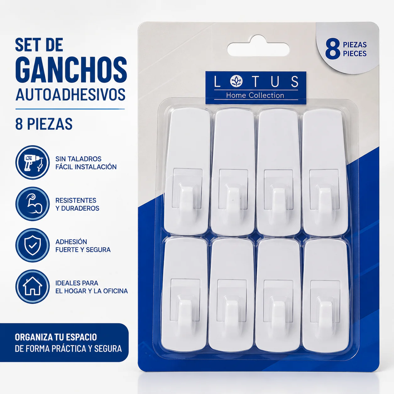 Set de 8 Colgadores Adhesivos Multiusos | Ganchos de Pared Resistentes para Hogar y Oficina 021-19410