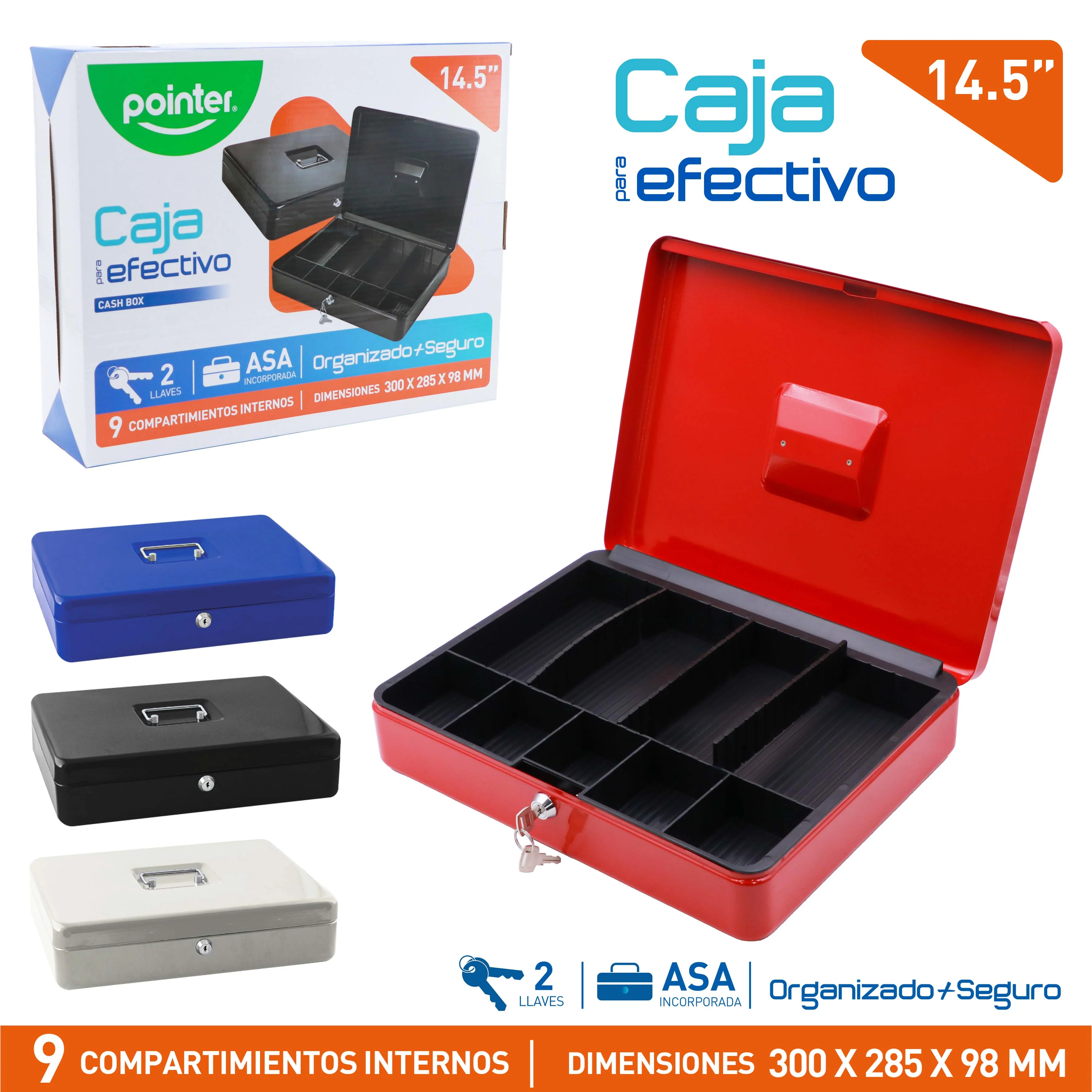 Caja para Efectivo Dinero Pointer 14.5" | Caja Metálica con Llave y 9 Compartimientos YFC-33-P