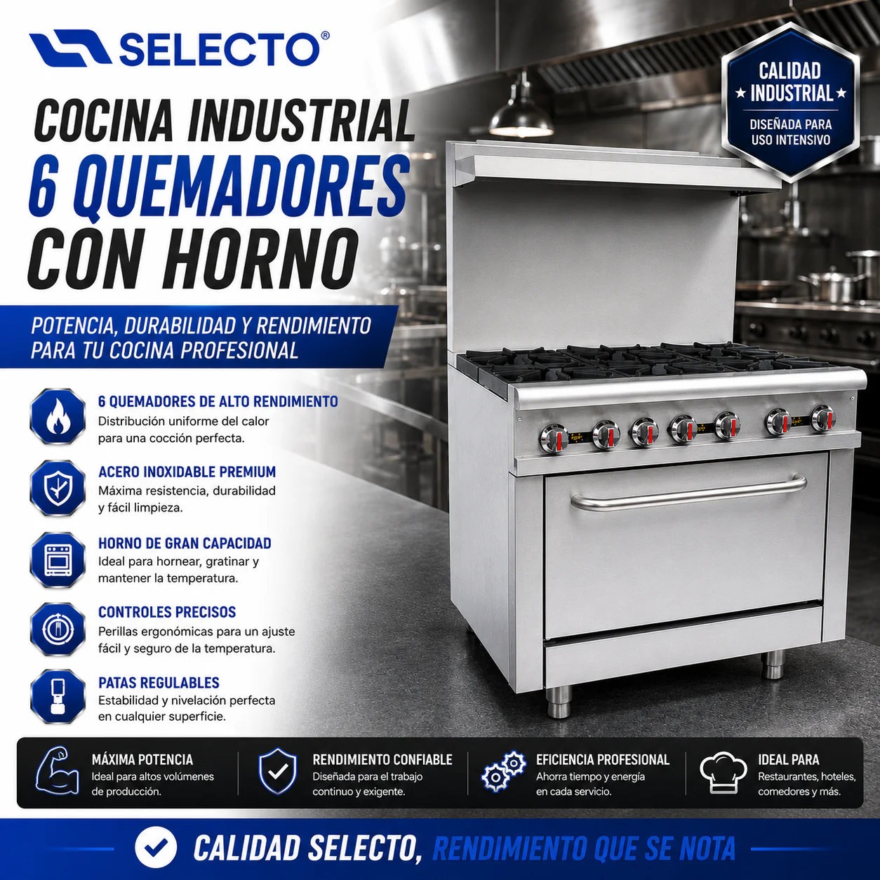 Estufa Industrial de 6 Quemadores con Horno de 36" en Acero Inoxidable RGR36