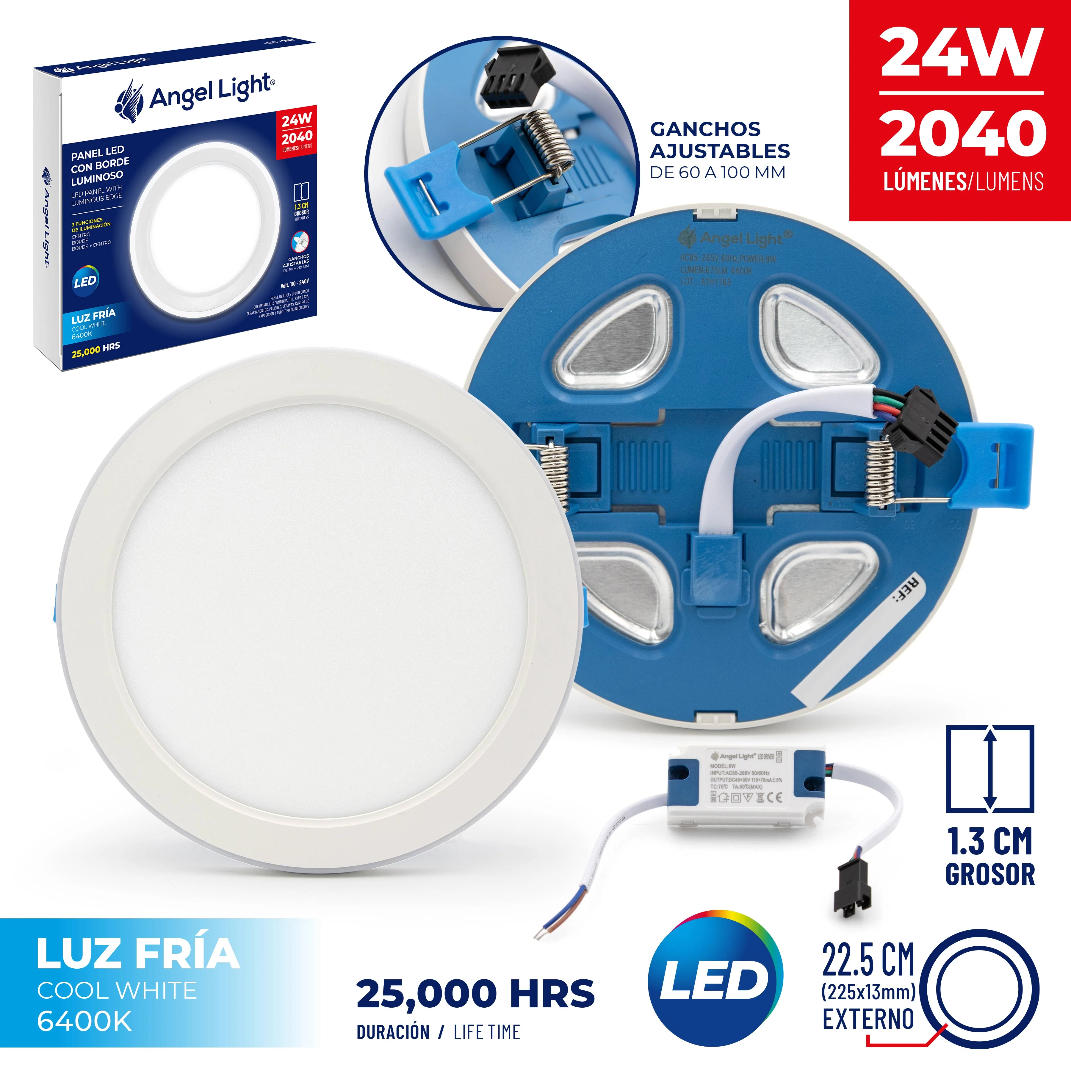 Lampara Panel LED Redonda para Empotrar 24W Luz Fría Angel Light AL-PB005R-24W
