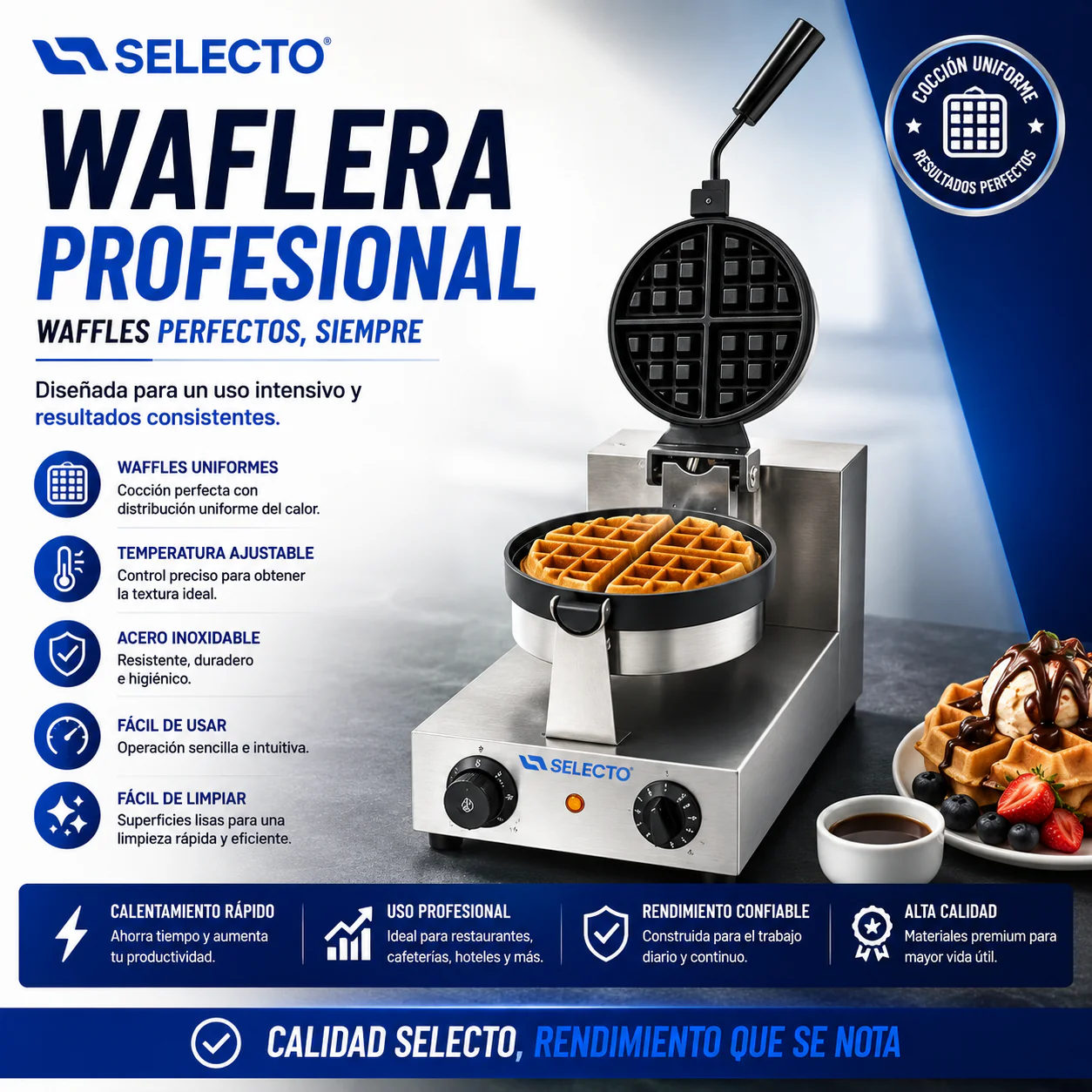 Waflera Giratorio Eléctrico 110V/60Hz 1400W HWB-1A Waffle.