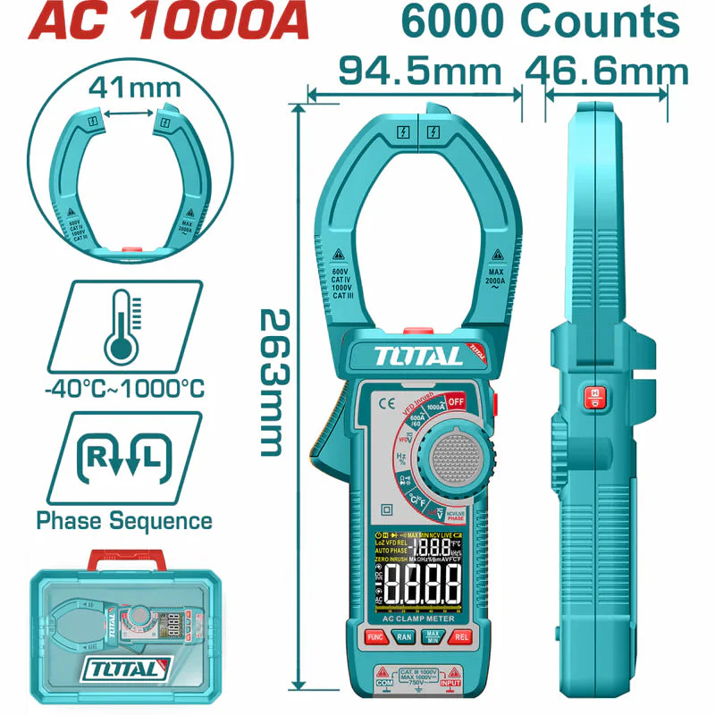 Medidor De Abrazadera Pinza Amperimétrica 6000 Cuentas. AC 1000A. Con Retención De Datos. Total TMT7610001