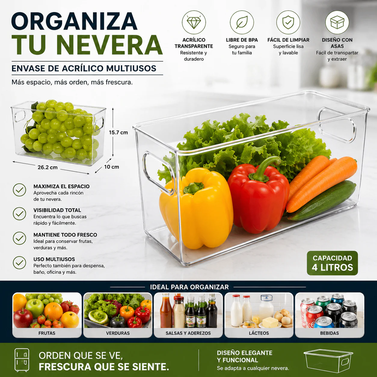 Organizador de Acrílico para Nevera Refrigeradora 26.2x15.7x10cm LHC-9727