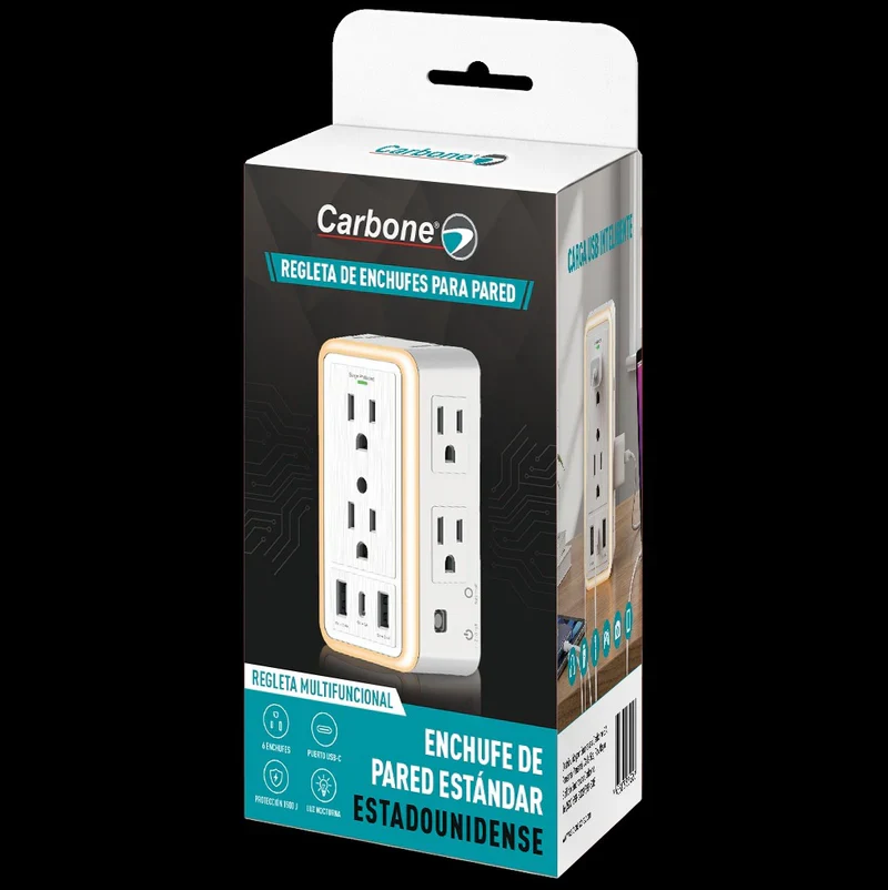 Regleta De Enchufes Para Pared Carbone Con Protector De Sobretensiones Y USB Mas 6 Enchufes Y Lampara Led Touch TSU-001 - Image 3