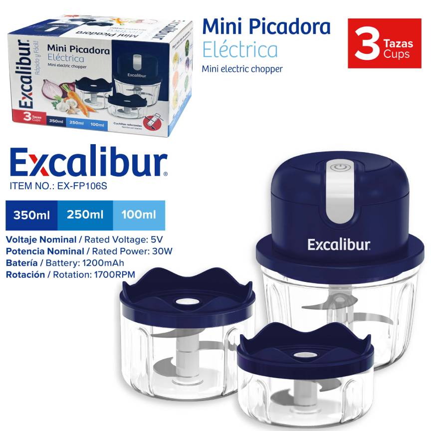 Mini Picadora Eléctrica Excalibur 3 Tazas | Recargable USB | 30W | Procesador de Alimento | Pica Todo EX-FP106S