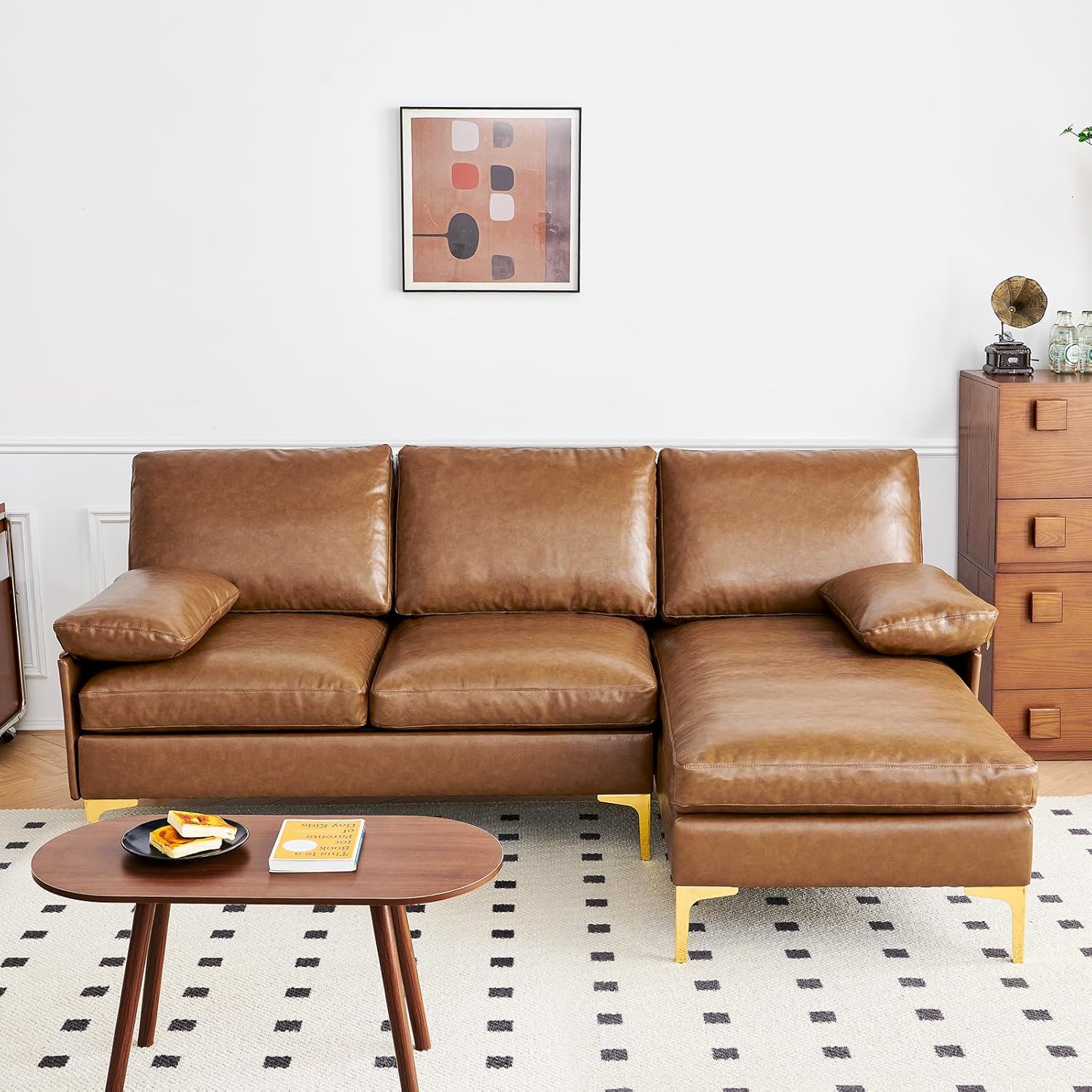 Sofá en L Camel de Cuerina con Patas de Acero Inoxidable 53,93"x32,28"x31,47" 990C-Z3 Atopston - Image 2