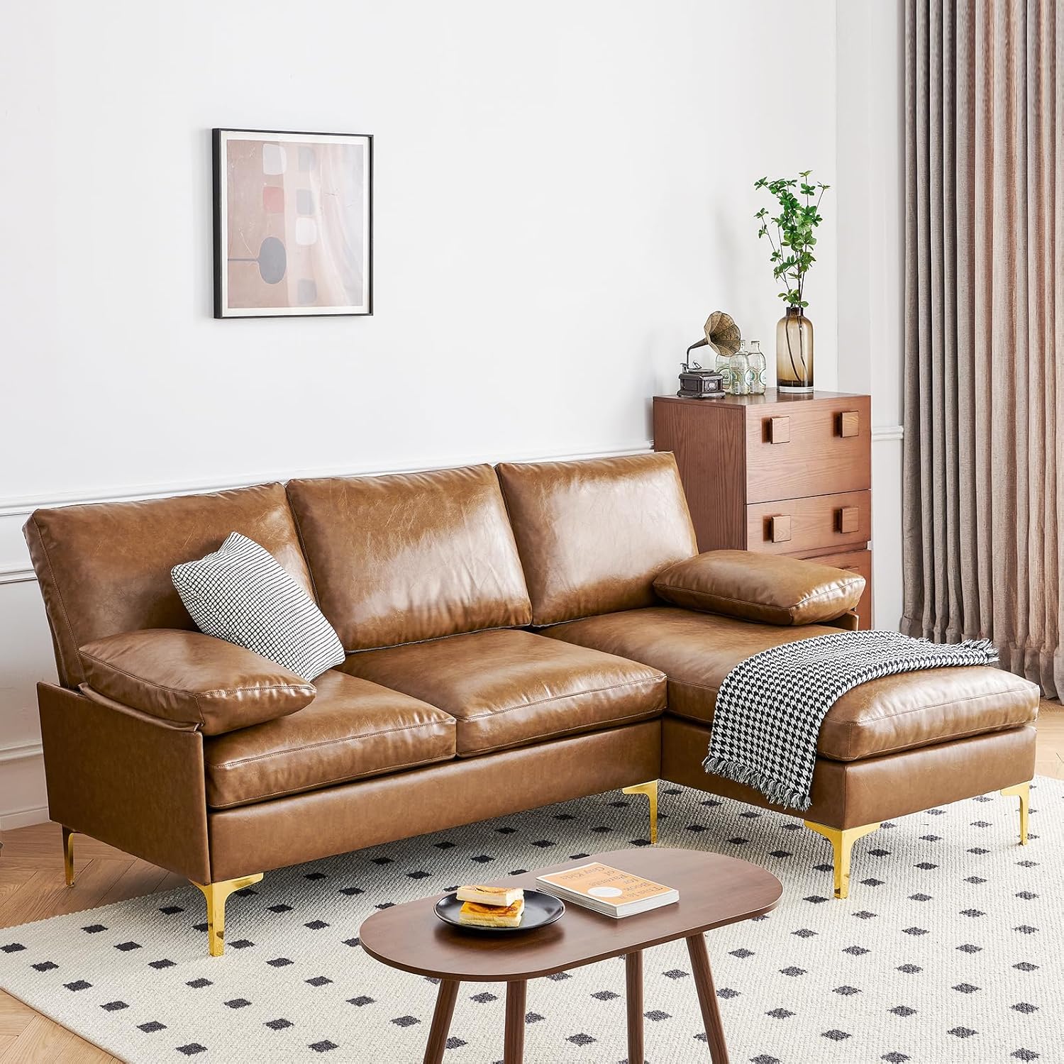 Sofá en L Camel de Cuerina con Patas de Acero Inoxidable 53,93"x32,28"x31,47" 990C-Z3 Atopston - Image 3
