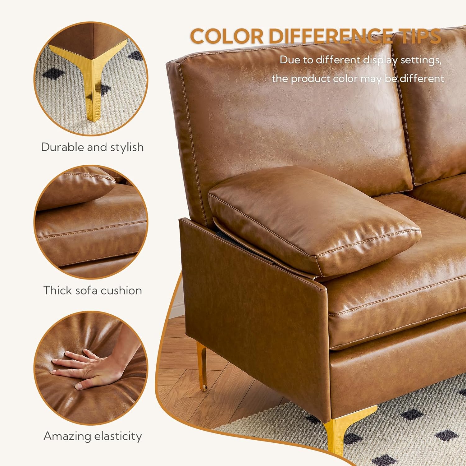 Sofá en L Camel de Cuerina con Patas de Acero Inoxidable 53,93"x32,28"x31,47" 990C-Z3 Atopston - Image 5