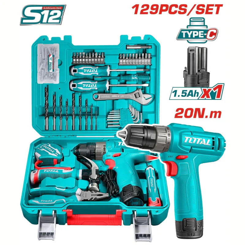 Taladro Inalámbrico 12V 20Nm Carga USB Tipo C Con Set De Herramientas 129 Piezas. Incluye Batería Y Accesorios. THKTHP11292