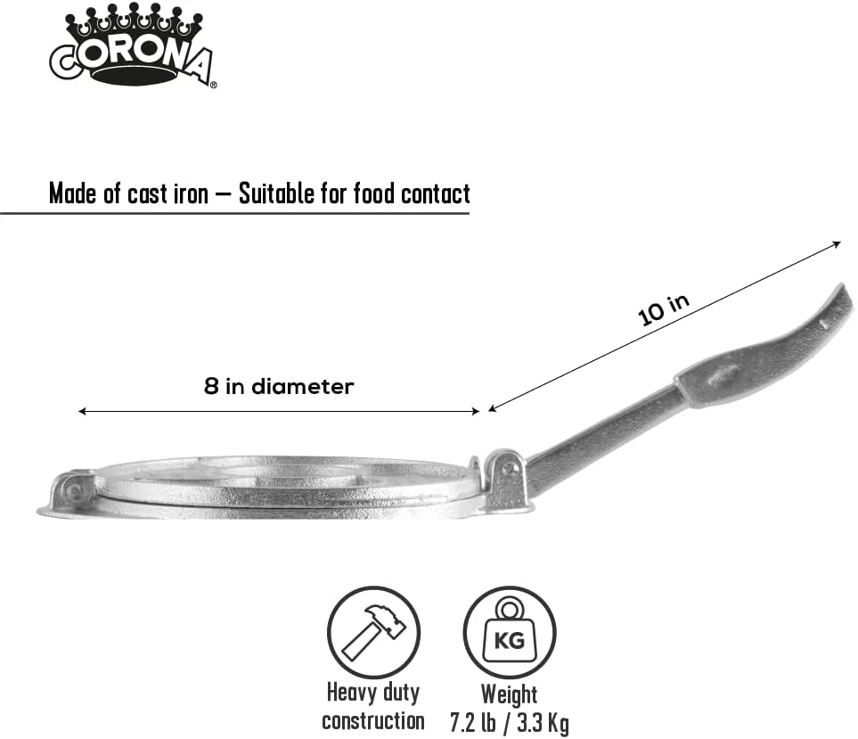 Tortillera Estañada de Hierro Fundido de 8" Corona L15115 Prensa para tortilla. Tacos. - Image 8