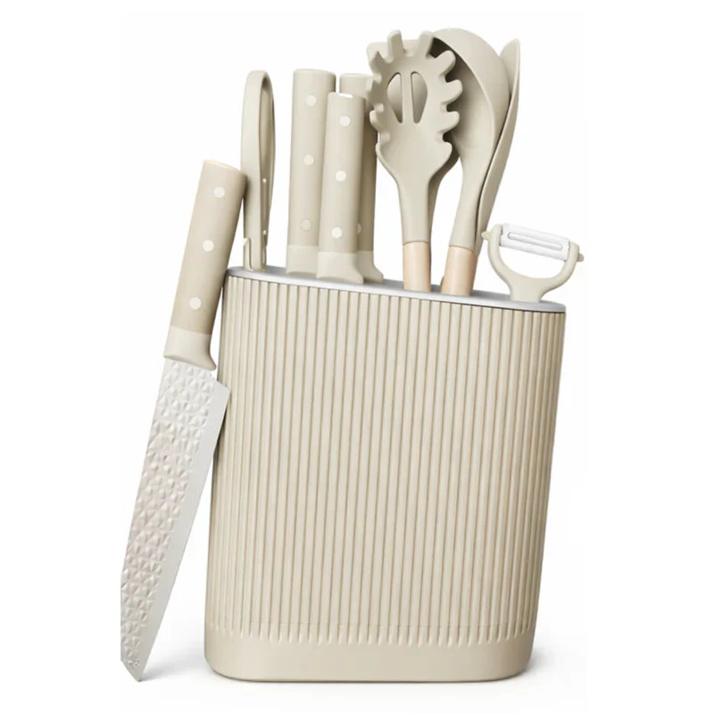 Utensilios De Cocina Y Cuchillos Color Beige Set De 11 Piezas Con Soporte. Diseño Texturizado Antiadherente. UN-A197